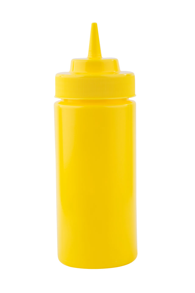 A bright yellow 16 oz mustard bottle with a pointed nozzle and screw-on cap, dishwasher safe and perfect for condiments, stands upright against a plain white background.
