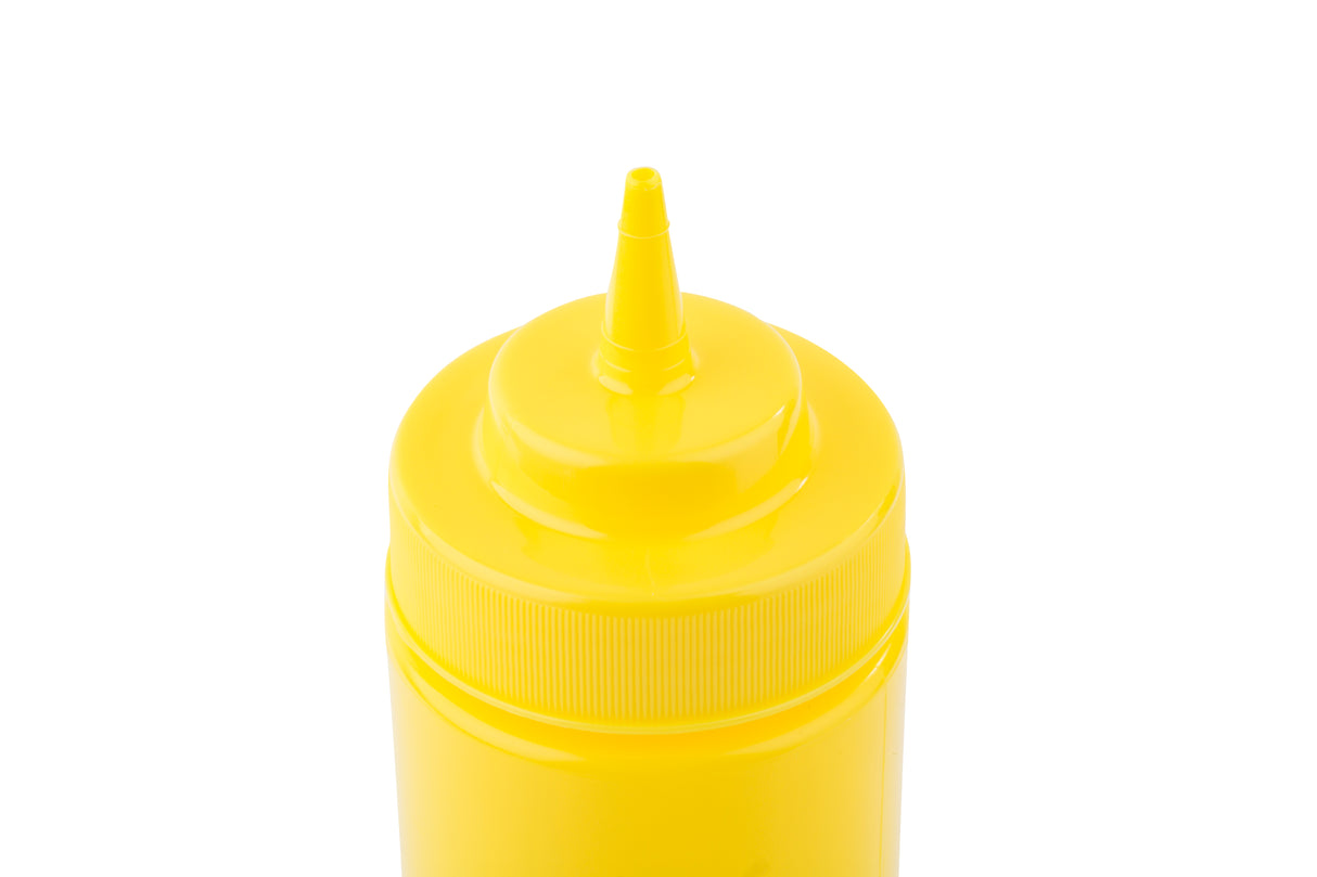 A close-up of the top of a bright yellow 16 oz mustard bottle with a pointed nozzle, commonly used for condiments. The WideMouth Squeeze Bottle is dishwasher safe, set against a plain white background with only the upper part visible.