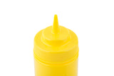 A close-up of the top of a bright yellow 16 oz mustard bottle with a pointed nozzle, commonly used for condiments. The WideMouth Squeeze Bottle is dishwasher safe, set against a plain white background with only the upper part visible.