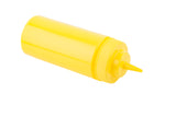 A bright yellow 16 oz mustard bottle with a pointed nozzle cap, commonly used for condiments, lies on its side against a plain white background. This cylindrical WideMouth Squeeze Bottle is unlabelled and dishwasher safe.
