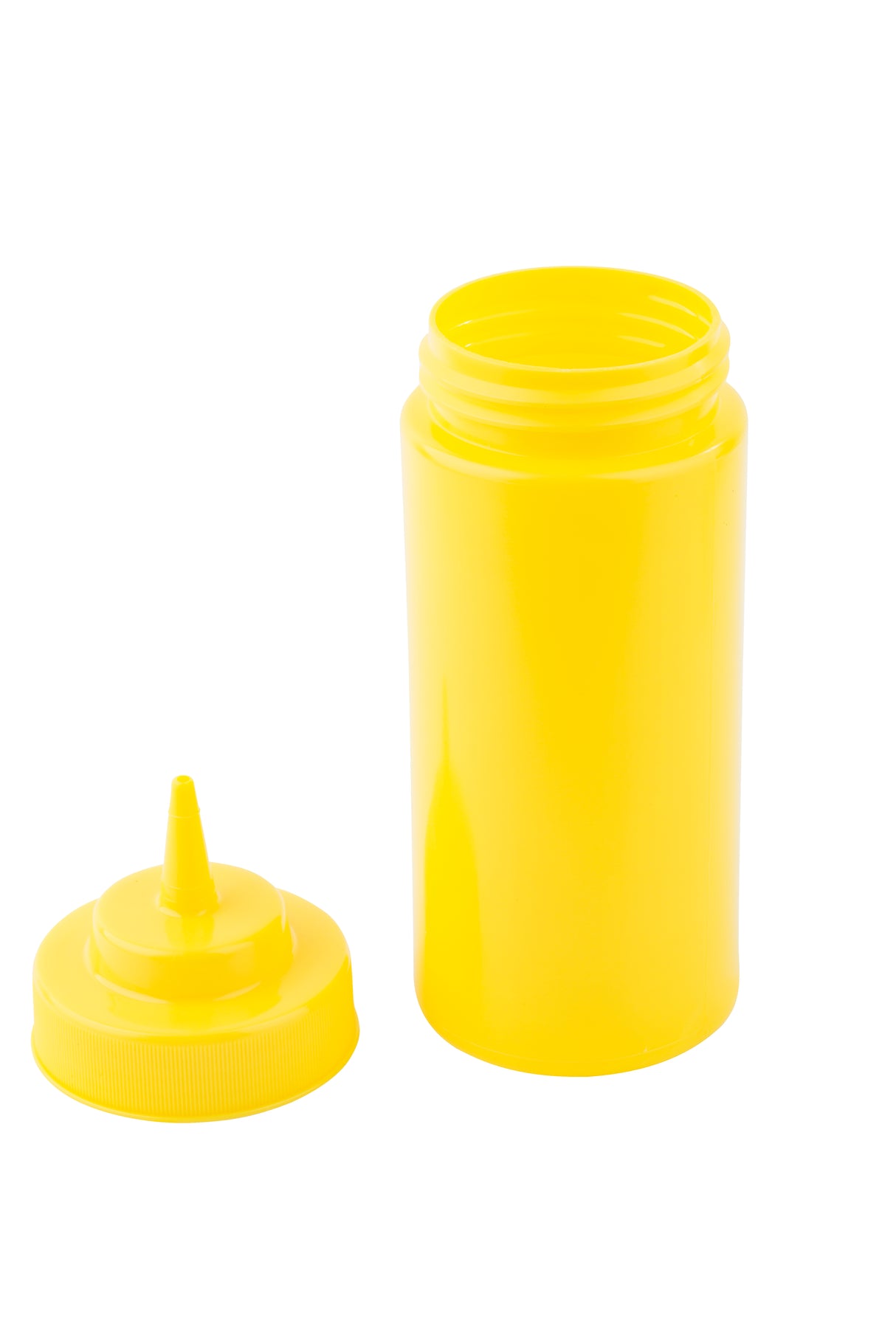 A bright yellow 16 oz mustard bottle with a pointed nozzle lid removed and placed next to the open bottle. The bottle stands upright on a white background, and the interior threads for the lid are clearly visible. Dishwasher safe for easy cleaning.