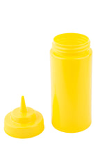 A bright yellow 16 oz mustard bottle with a pointed nozzle lid removed and placed next to the open bottle. The bottle stands upright on a white background, and the interior threads for the lid are clearly visible. Dishwasher safe for easy cleaning.