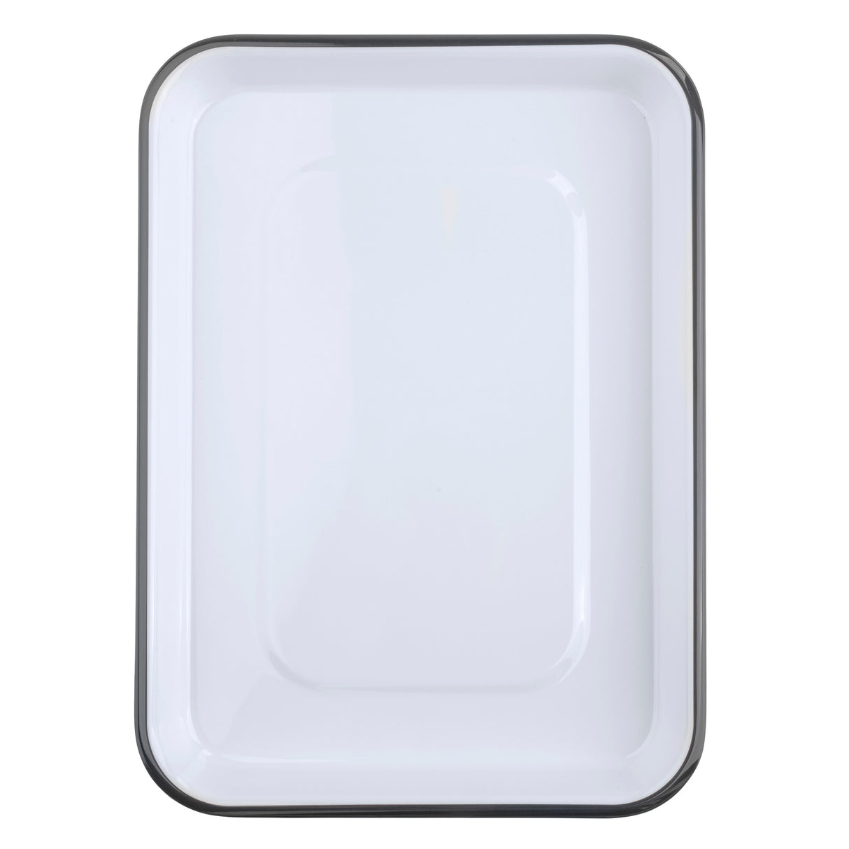 A rectangular, white enamel tray from the Canteen Collection Sheet Pan series with rounded corners and a thin, dark rim. Its smooth, glossy surface is empty and photographed from above against a plain white background.