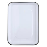 A rectangular, white enamel tray from the Canteen Collection Sheet Pan series with rounded corners and a thin, dark rim. Its smooth, glossy surface is empty and photographed from above against a plain white background.