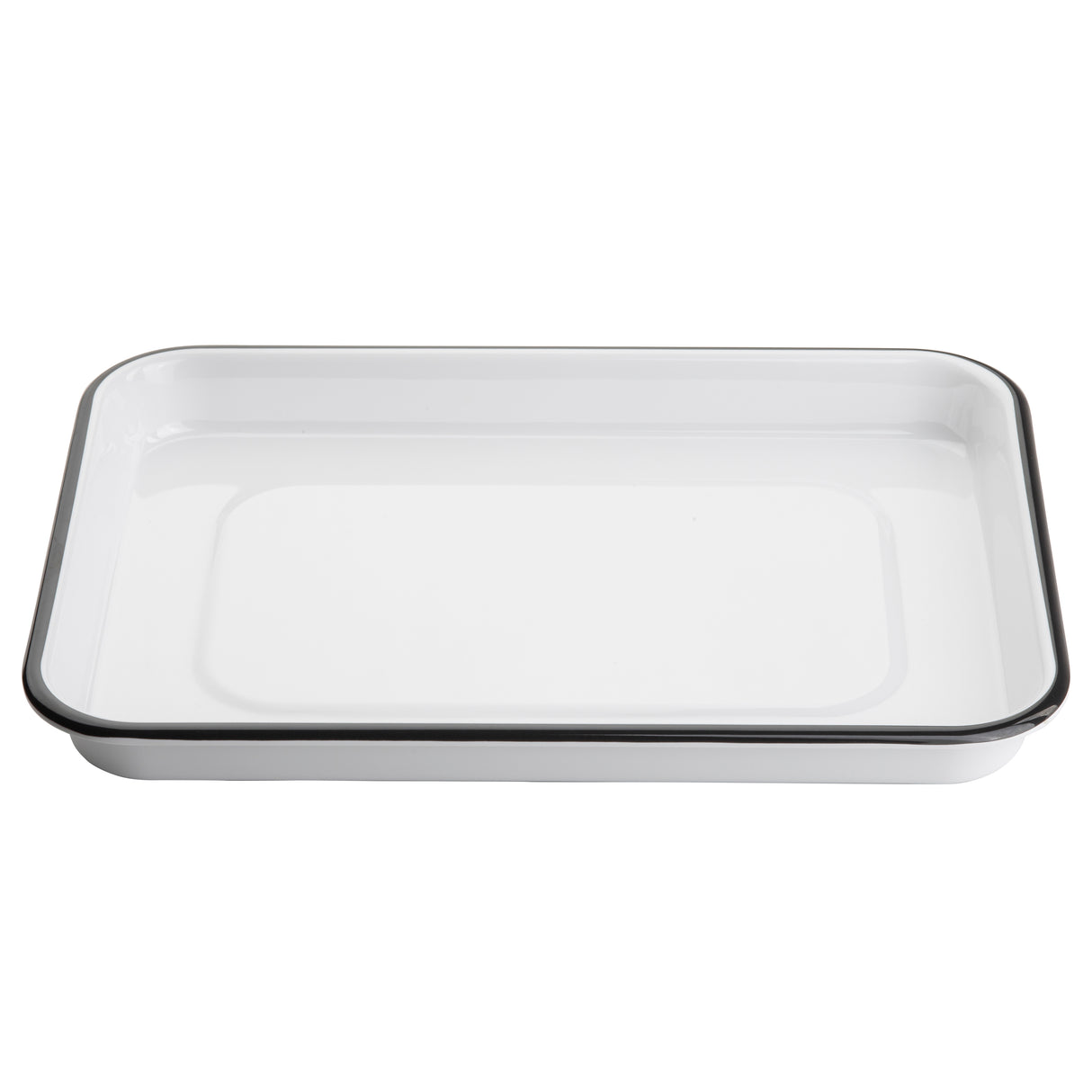 A rectangular white enamel tray with rounded corners and a slightly raised edge, outlined with a thin black rim. Inspired by the Canteen Collection Sheet Pan from TableCraft Products, this melamine sheet pan features a glossy finish on a plain white background.