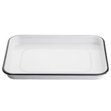 A rectangular white enamel tray with rounded corners and a slightly raised edge, outlined with a thin black rim. Inspired by the Canteen Collection Sheet Pan from TableCraft Products, this melamine sheet pan features a glossy finish on a plain white background.