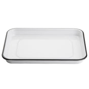 A rectangular white enamel tray with rounded corners and a slightly raised edge, outlined with a thin black rim. Inspired by the Canteen Collection Sheet Pan from TableCraft Products, this melamine sheet pan features a glossy finish on a plain white background.