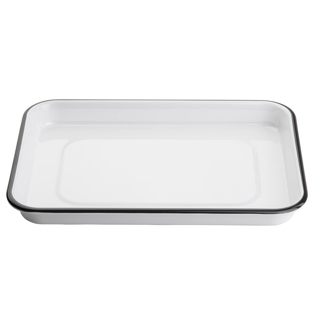 A rectangular white enamel tray with rounded corners and a slightly raised edge, outlined with a thin black rim. Inspired by the Canteen Collection Sheet Pan from TableCraft Products, this melamine sheet pan features a glossy finish on a plain white background.