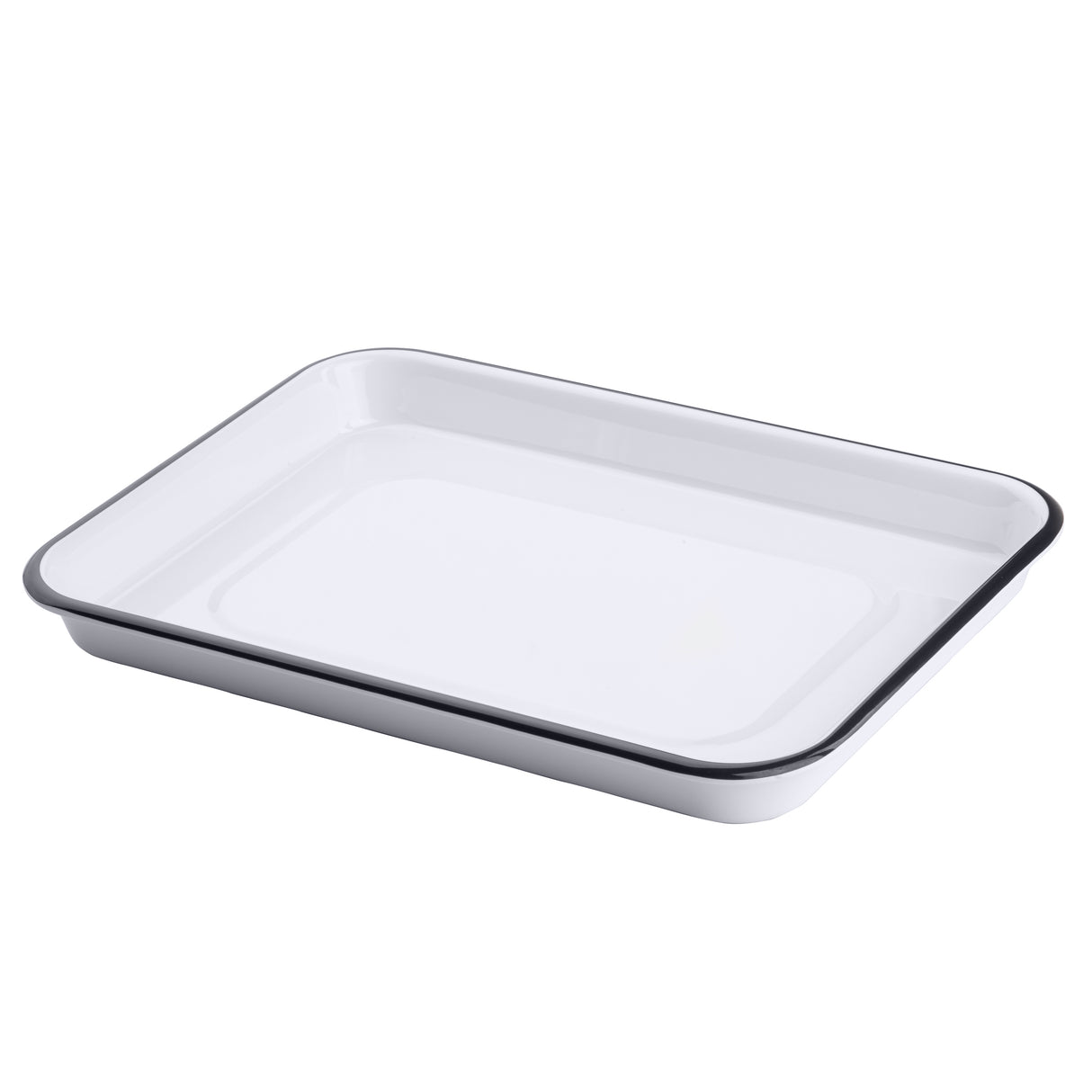 A rectangular white enamel baking tray from the Canteen Collection Sheet Pan range features slightly rounded corners, a black rim, and low, straight sides with a glossy finish—ideal for versatile use in any kitchen.