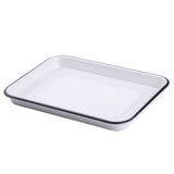 A rectangular white enamel baking tray from the Canteen Collection Sheet Pan range features slightly rounded corners, a black rim, and low, straight sides with a glossy finish—ideal for versatile use in any kitchen.