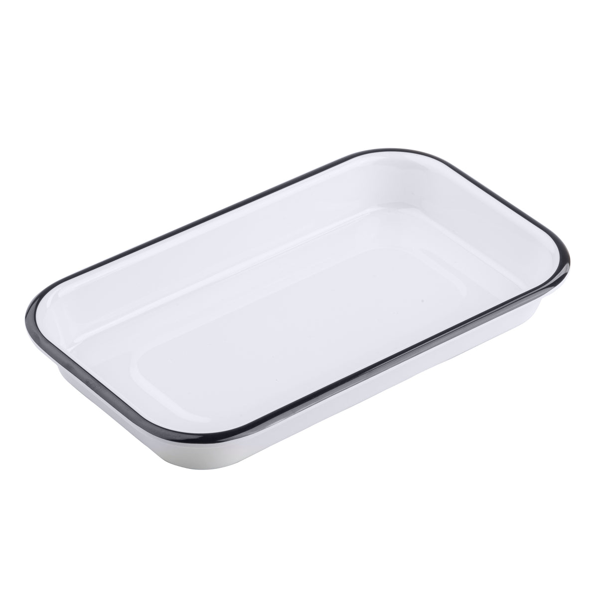 A white rectangular Canteen Collection Sheet Pan with slightly rounded corners and a raised edge, featuring a thin black rim along the top. The tray is empty and set against a plain white background.