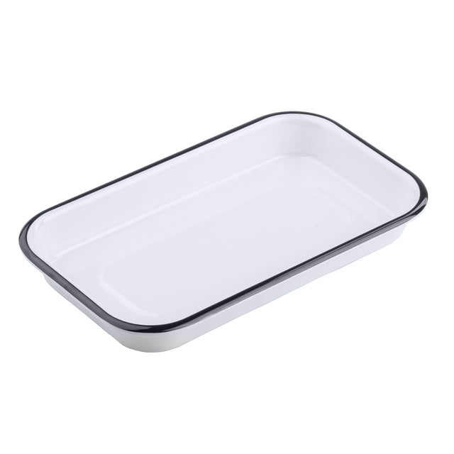 A white rectangular Canteen Collection Sheet Pan with slightly rounded corners and a raised edge, featuring a thin black rim along the top. The tray is empty and set against a plain white background.