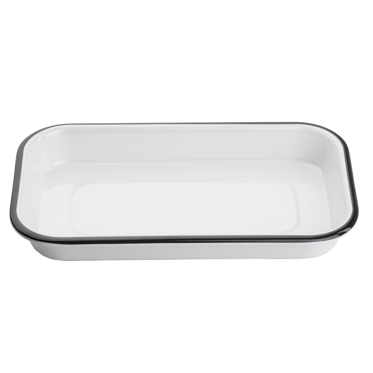 A rectangular white enamel baking dish with slightly rounded corners and a thin black rim, reminiscent of the Canteen Collection Sheet Pan, is shown empty on a white background. The dish has a glossy finish.