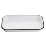A rectangular white enamel baking dish with slightly rounded corners and a thin black rim, reminiscent of the Canteen Collection Sheet Pan, is shown empty on a white background. The dish has a glossy finish.