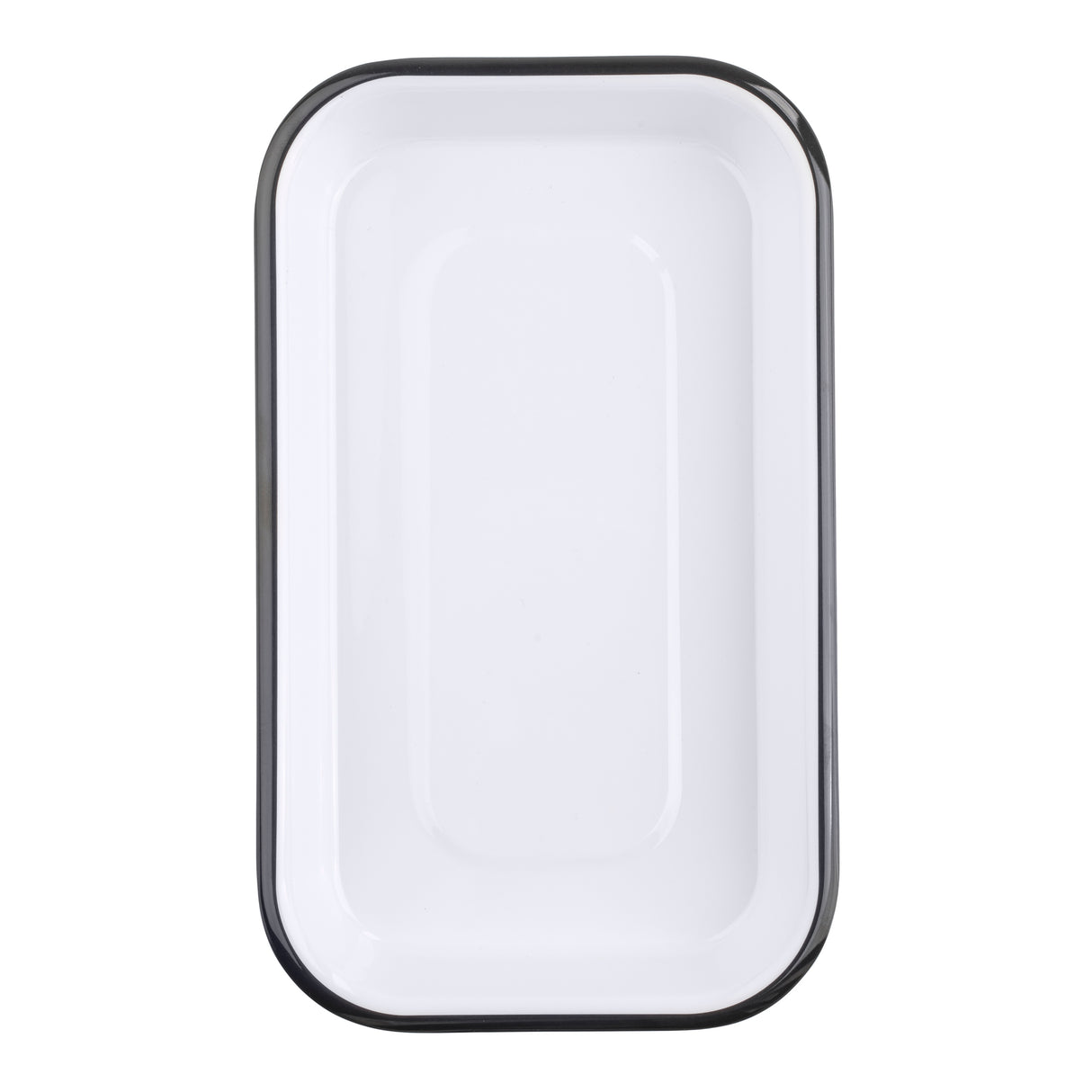 Rectangular white enamel tray with rounded corners and a thin black rim, viewed from above on a white background. Similar to the TableCraft 11671, its glossy surface is smooth and clean, completely unadorned for versatile use.