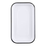 Rectangular white enamel tray with rounded corners and a thin black rim, viewed from above on a white background. Similar to the TableCraft 11671, its glossy surface is smooth and clean, completely unadorned for versatile use.