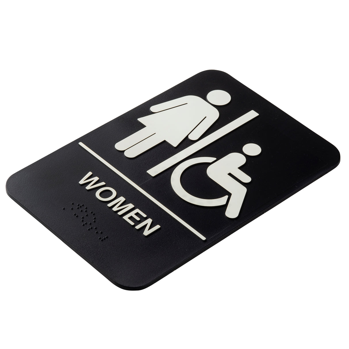 A TableCraft 11673 black polystyrene women accessible sign features white symbols of a standing woman and a person in a wheelchair, separated by a line. "WOMEN" is printed below with Braille dots, and the sign has rounded corners.