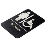 A TableCraft 11673 black polystyrene women accessible sign features white symbols of a standing woman and a person in a wheelchair, separated by a line. "WOMEN" is printed below with Braille dots, and the sign has rounded corners.