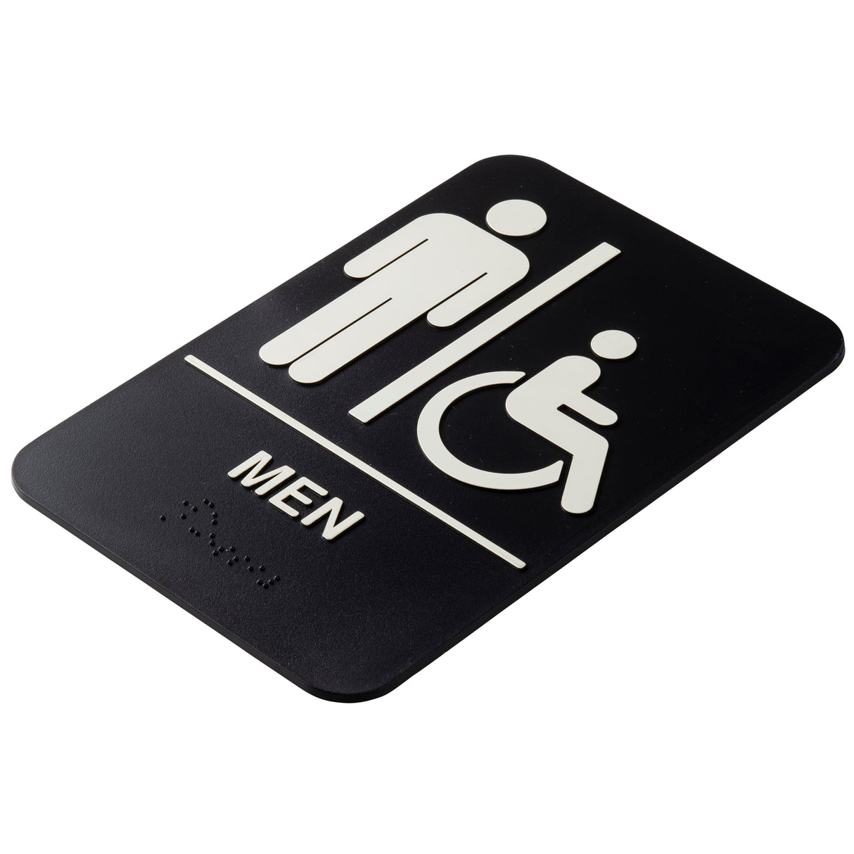 A black rectangular men accessible sign, crafted from durable polystyrene, features white symbols for men's and accessible restrooms. Below the icons, "MEN" is written in white capitals with Braille dots beneath. From TableCraft Products.
