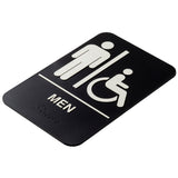A black rectangular men accessible sign, crafted from durable polystyrene, features white symbols for men's and accessible restrooms. Below the icons, "MEN" is written in white capitals with Braille dots beneath. From TableCraft Products.