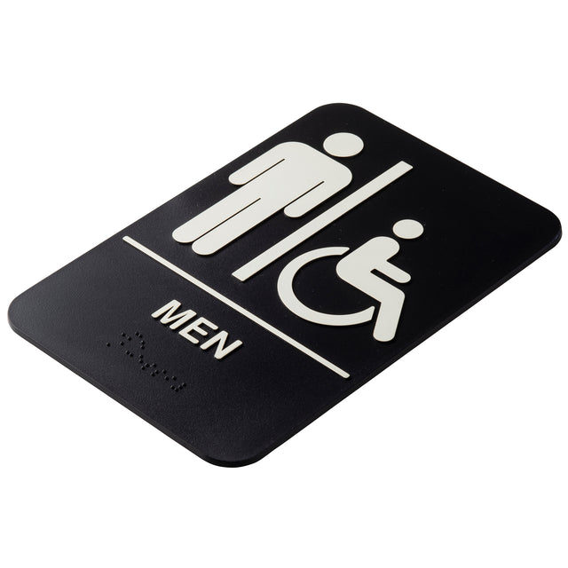 A black rectangular men accessible sign, crafted from durable polystyrene, features white symbols for men's and accessible restrooms. Below the icons, "MEN" is written in white capitals with Braille dots beneath. From TableCraft Products.