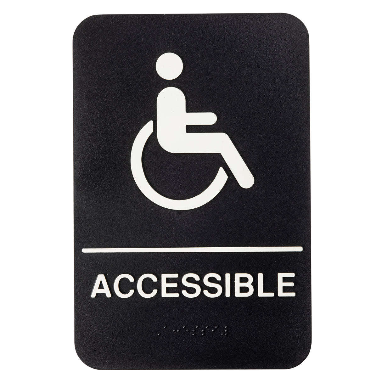 A black rectangular accessible sign with a white wheelchair symbol above "ACCESSIBLE" in bold capitals. The polystyrene sign also features braille beneath the text for visually impaired accessibility.