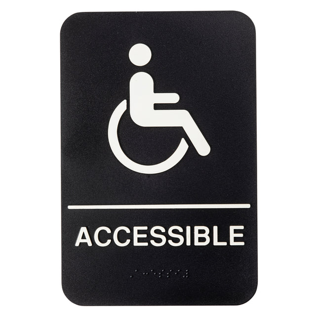 A black rectangular accessible sign with a white wheelchair symbol above "ACCESSIBLE" in bold capitals. The polystyrene sign also features braille beneath the text for visually impaired accessibility.