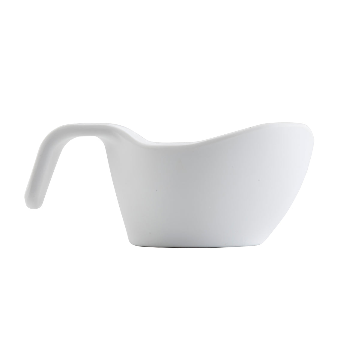 A white adaptive cup made of durable melamine with a large handle and angled rim. The slanted top and sturdy, easy-to-grip handle offer comfortable, controlled drinking. This cup is dishwasher safe for added convenience and ideal for accessibility needs.