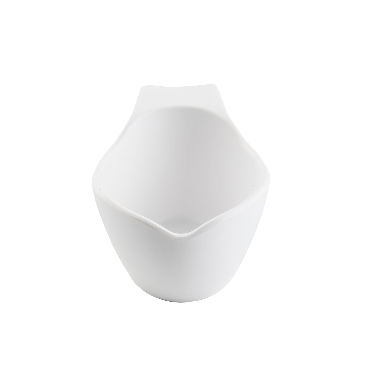 A plain white, modern ceramic sauce boat with a smooth finish and a wide pouring spout, photographed against a white background. This dishwasher safe vessel features a gently curved, asymmetrical shape and no visible handles or decorations.