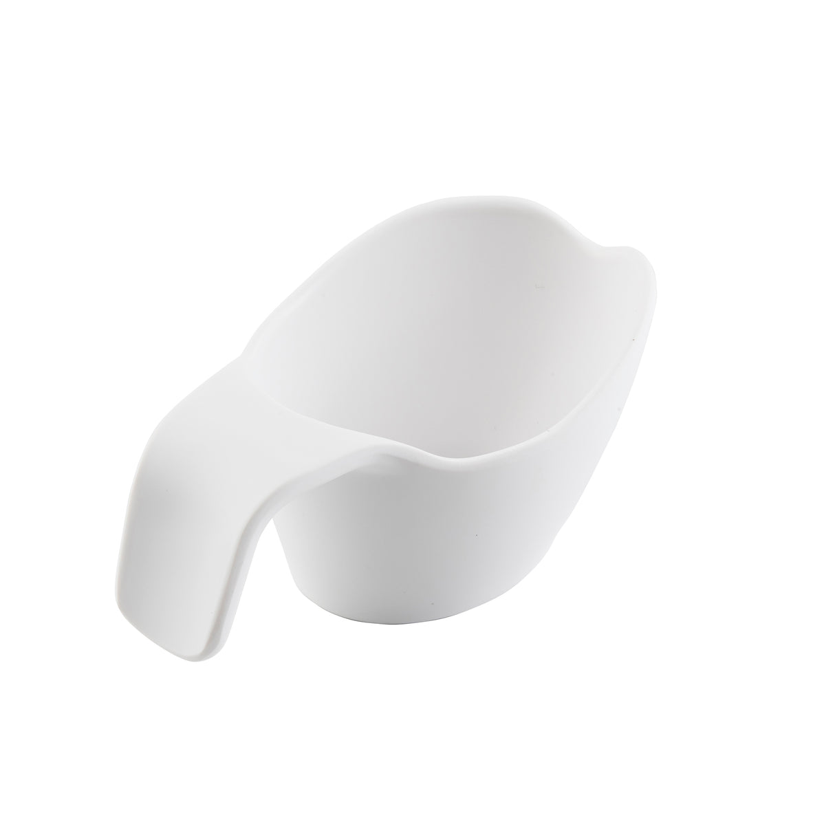 A plain white ceramic sauce boat with a wide, curved handle and a smooth, oval-shaped body. The spout is gently flared for easy pouring. The glossy, unadorned surface is photographed against a plain white background.