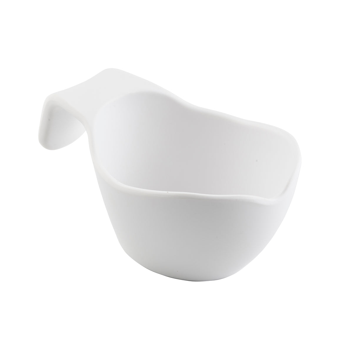 A plain white ceramic sauce boat with a curved spout and an elevated, ergonomic handle, photographed on a white background. The smooth, minimalist design is dishwasher safe and perfect for serving condiments or dipping sauces.