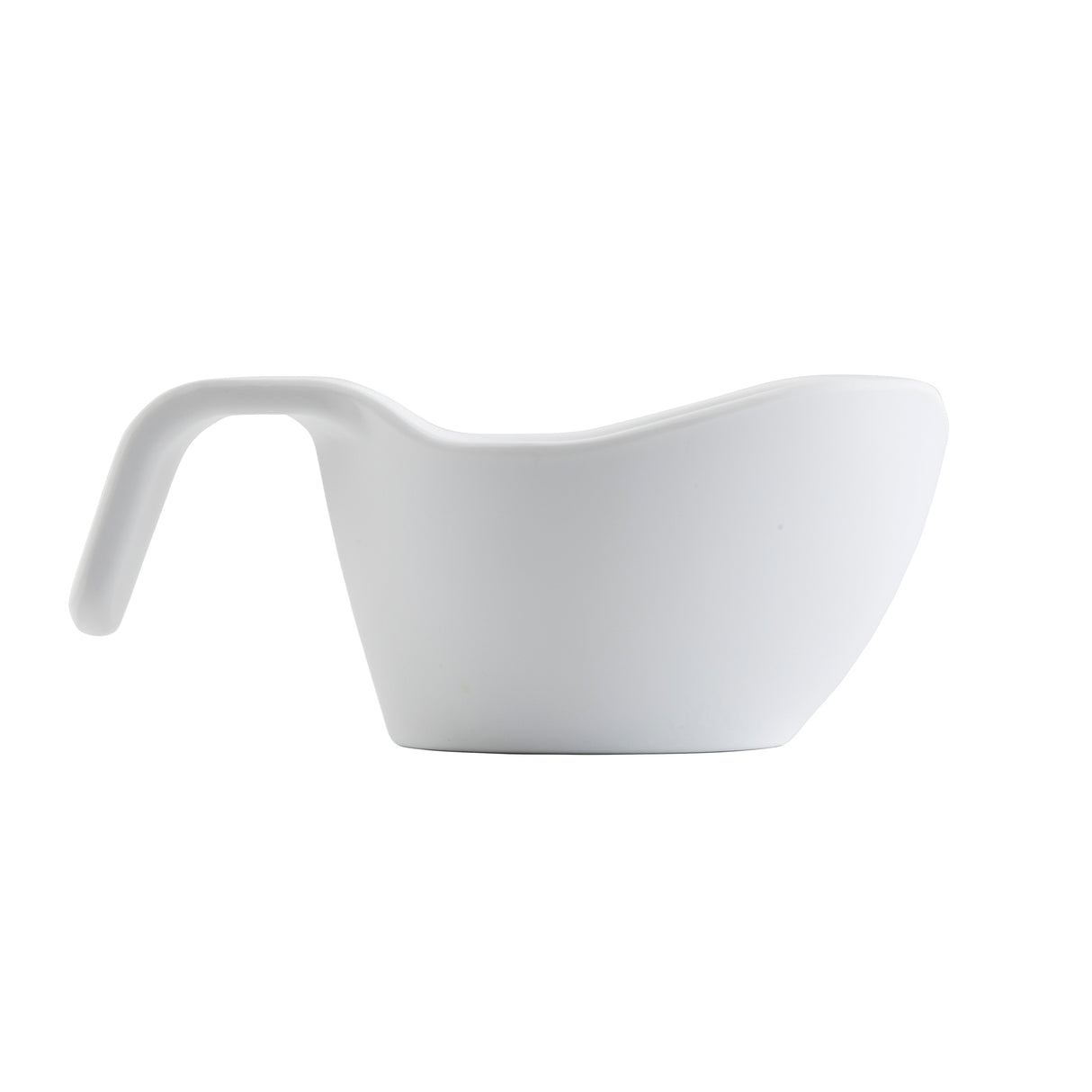 A plain white melamine measuring cup with a uniquely curved handle and smooth, modern design. The cup has a rounded bowl and slightly angled rim, making it both stylish and dishwasher safe, photographed against a white background.