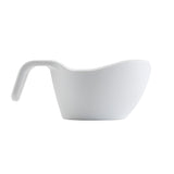 A plain white melamine measuring cup with a uniquely curved handle and smooth, modern design. The cup has a rounded bowl and slightly angled rim, making it both stylish and dishwasher safe, photographed against a white background.