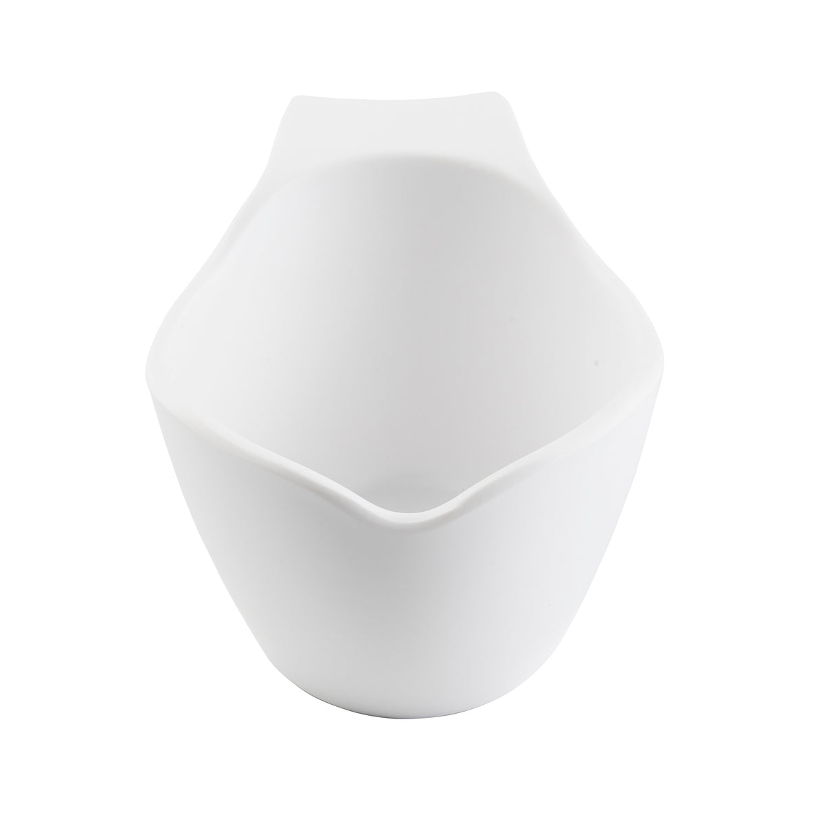 A white, modern sauce boat with a curved, asymmetrical design and a small spout at the front. Made from glossy melamine, it's both smooth and dishwasher safe. The background is plain white.