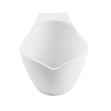 A white, modern sauce boat with a curved, asymmetrical design and a small spout at the front. Made from glossy melamine, it's both smooth and dishwasher safe. The background is plain white.