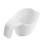 A white ceramic sauce boat with a curved, elongated handle extending from one side. The dish has smooth, rounded edges and an open top, set against a plain white background. Dishwasher safe for easy cleanup.