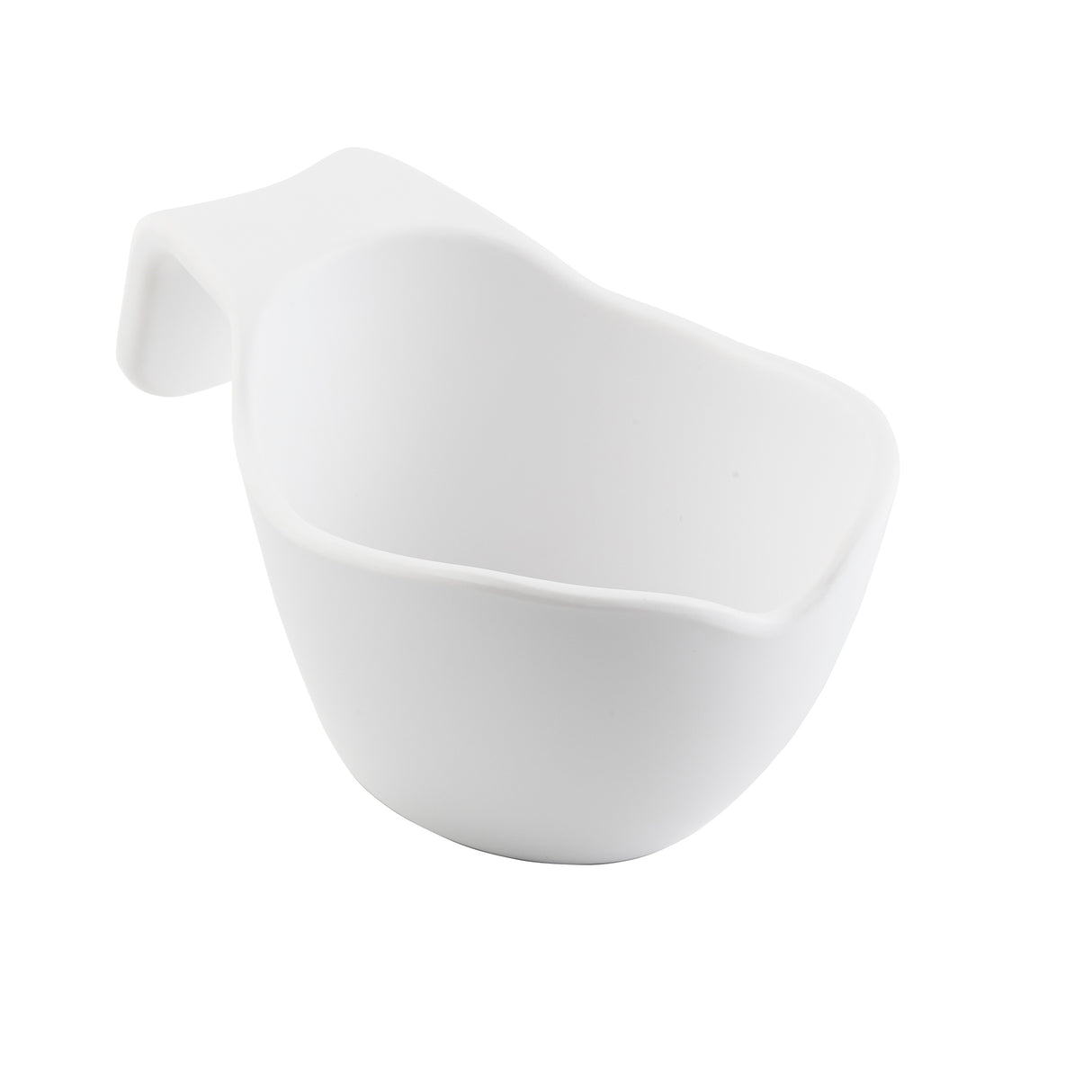 A white ceramic sauce boat with smooth, curved edges and an integrated handle at the back, shown against a plain white background. The bowl features a simple, modern design with a slightly irregular rim and is dishwasher safe for easy cleaning.