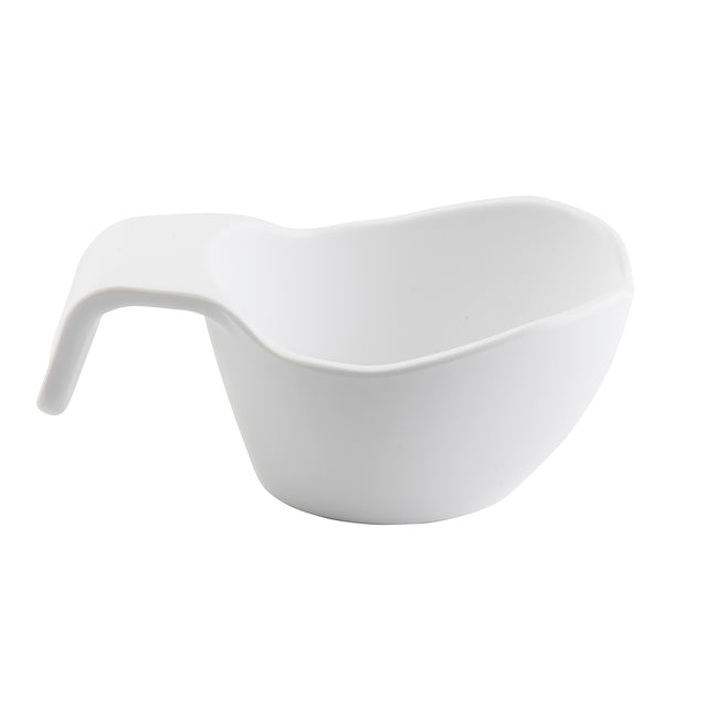 A white melamine bowl with a curved, ergonomic handle extending from one side. This lightweight, modern sauce boat features smooth edges and an asymmetrical design, appearing easy to grip and dishwasher safe. The background is plain white.