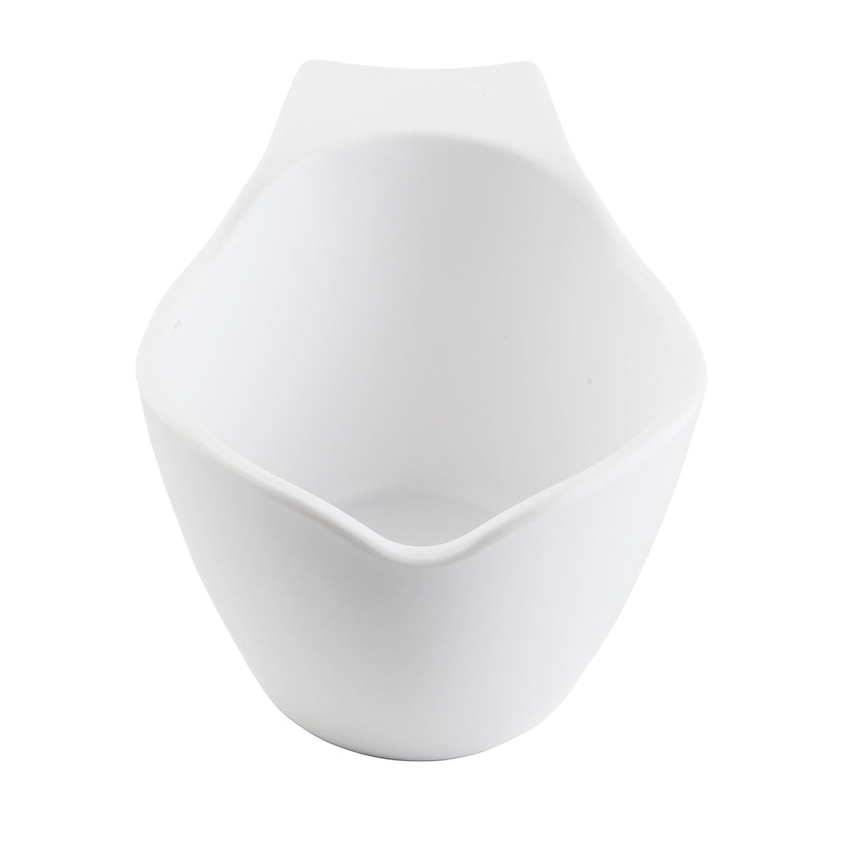 A plain white ceramic sauce boat with a modern, asymmetrical design featuring smooth curves and a slightly pointed lip. The bowl has a glossy finish, is dishwasher safe, and includes a small handle-like extension on one side.