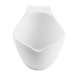A plain white ceramic sauce boat with a modern, asymmetrical design featuring smooth curves and a slightly pointed lip. The bowl has a glossy finish, is dishwasher safe, and includes a small handle-like extension on one side.