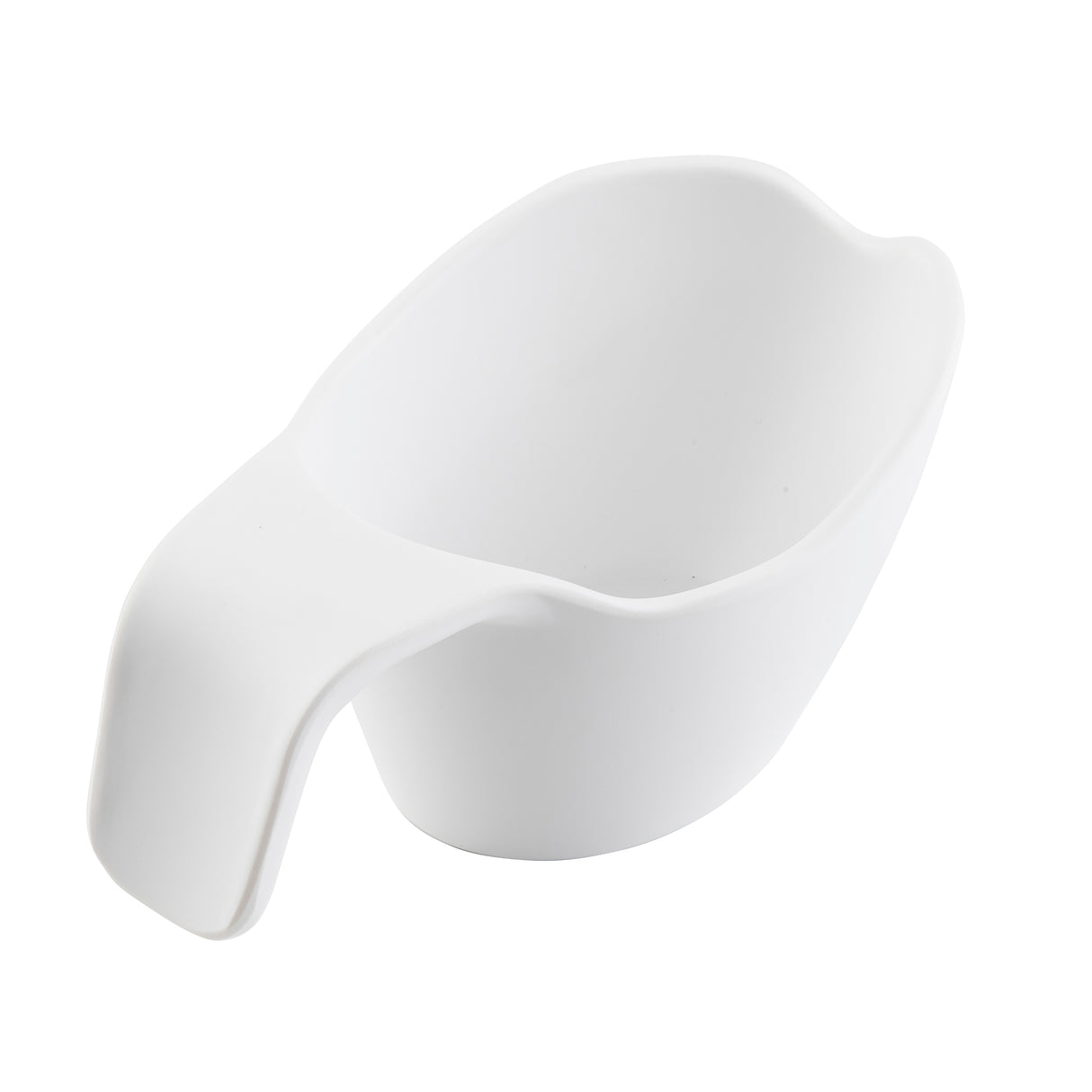 A white, ceramic scoop with a smooth, modern design sits on a plain white background. The scoop features a wide, rounded bowl and a thick, ergonomic handle, offering a minimalist look and is dishwasher safe for easy cleaning.