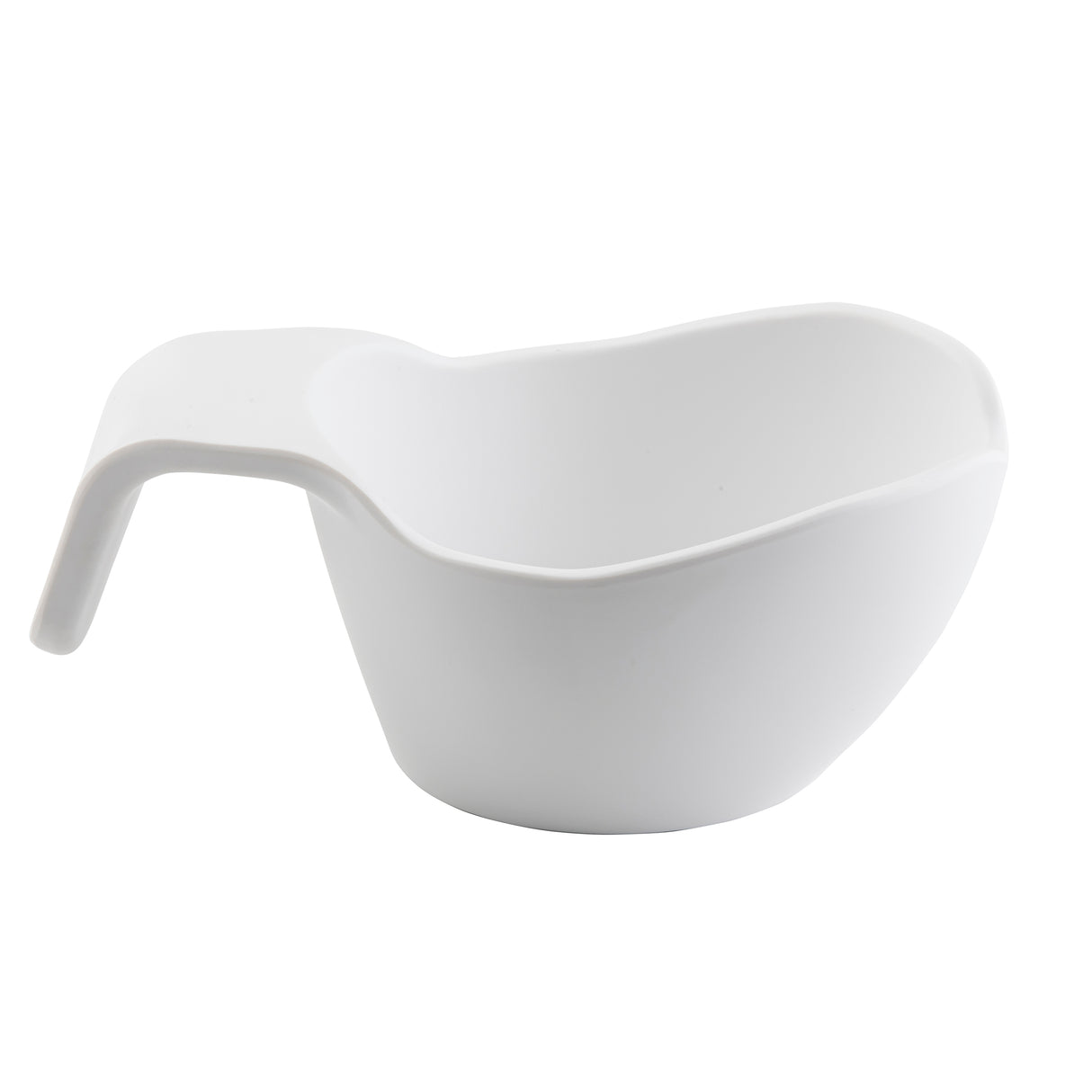 A white melamine bowl with a unique shape, featuring a wide, irregular rim and a single flat handle that curves downward for a stable grip. The ergonomic, modern design boasts a smooth, glossy surface and is dishwasher safe.