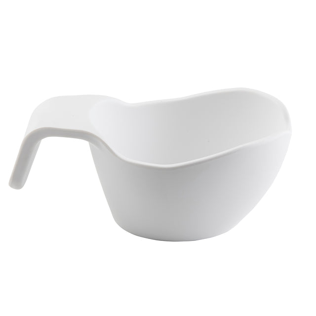 A white melamine bowl with a unique shape, featuring a wide, irregular rim and a single flat handle that curves downward for a stable grip. The ergonomic, modern design boasts a smooth, glossy surface and is dishwasher safe.