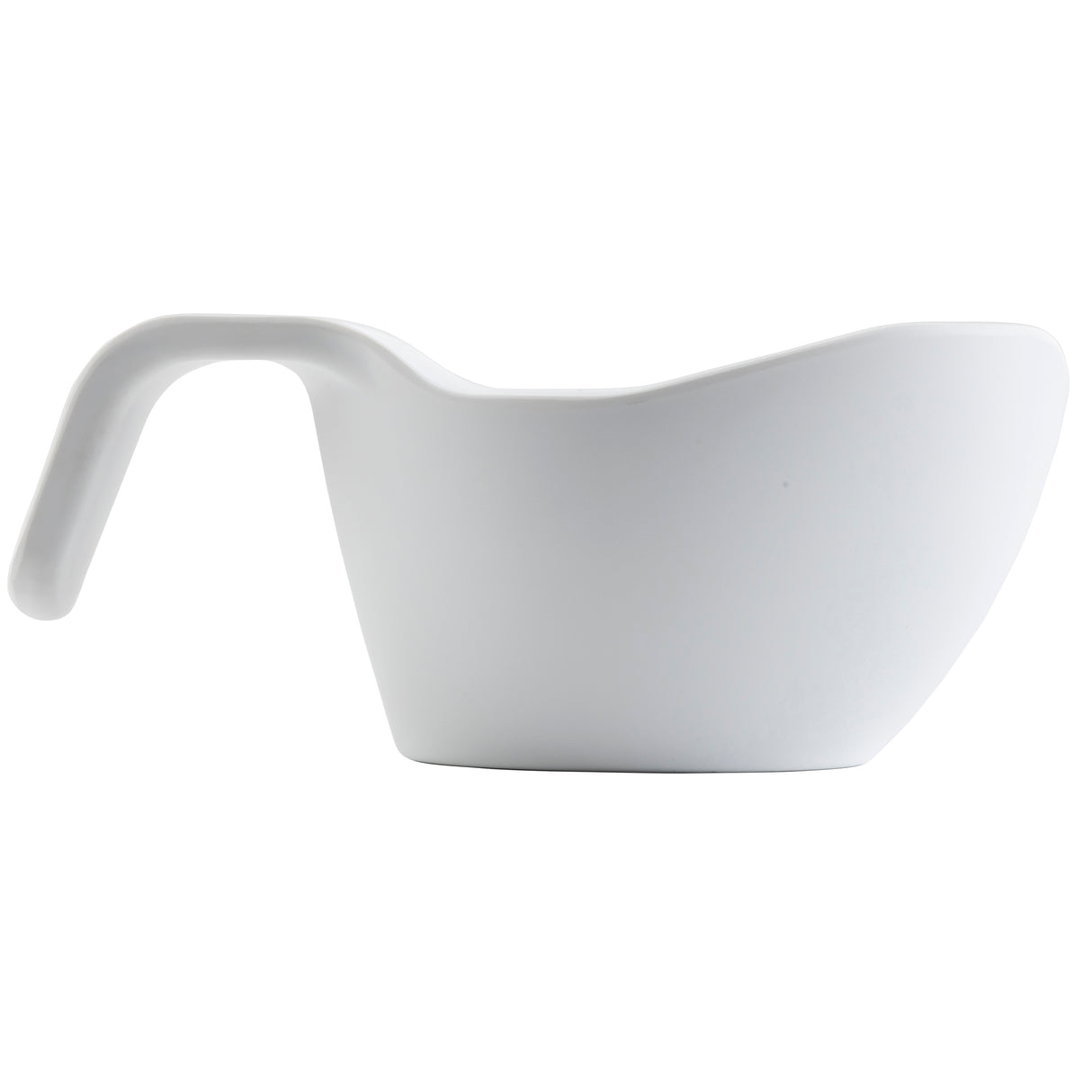 A white, modern, minimalist melamine measuring cup with a curved handle extending horizontally. The cup has smooth sides and a spout for easy pouring, is dishwasher safe, and is photographed on a plain white background.