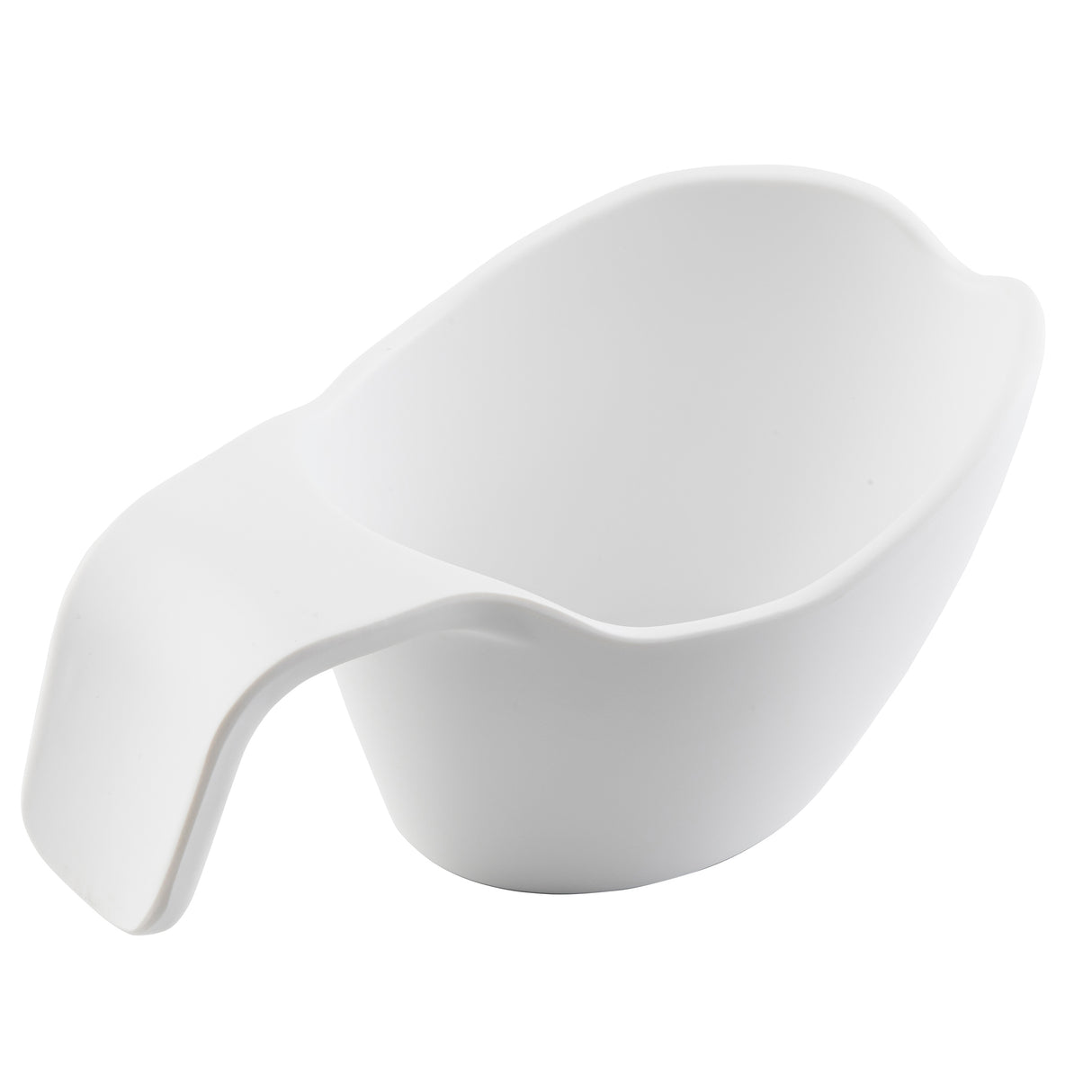 A white melamine scoop with a wide, rounded bowl and an integrated flat handle curves downward for an easy grip. The smooth, modern design is dishwasher safe, and the scoop is photographed on a plain white background.