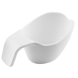 A white melamine scoop with a wide, rounded bowl and an integrated flat handle curves downward for an easy grip. The smooth, modern design is dishwasher safe, and the scoop is photographed on a plain white background.