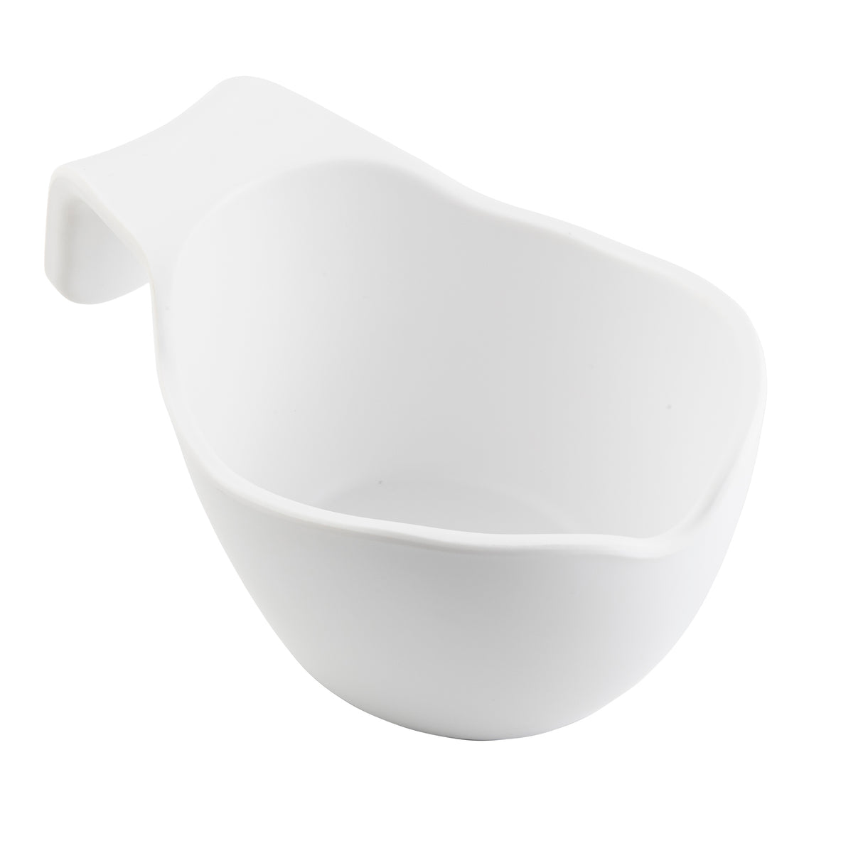 A white ceramic sauce boat with smooth, curved edges and an extended, flat handle on one side. The handle is slightly raised above the rim, and the bowl has a glossy finish. Dishwasher safe. The background is plain and white.