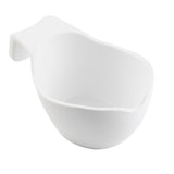 A white ceramic sauce boat with smooth, curved edges and an extended, flat handle on one side. The handle is slightly raised above the rim, and the bowl has a glossy finish. Dishwasher safe. The background is plain and white.