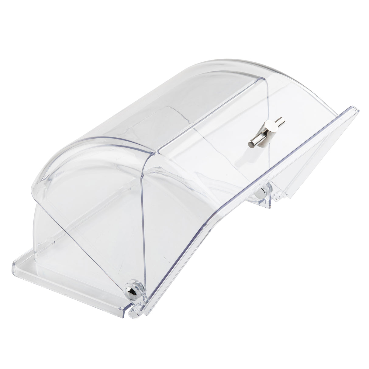 Clear plastic display case with a curved polycarbonate cover, hinged front opening, and small metal handle. The TableCraft 11688 half-size crate cover is empty and sits on a white surface—perfect for showcasing baked goods or other items.