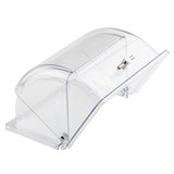 Clear plastic display case with a curved polycarbonate cover, hinged front opening, and small metal handle. The TableCraft 11688 half-size crate cover is empty and sits on a white surface—perfect for showcasing baked goods or other items.